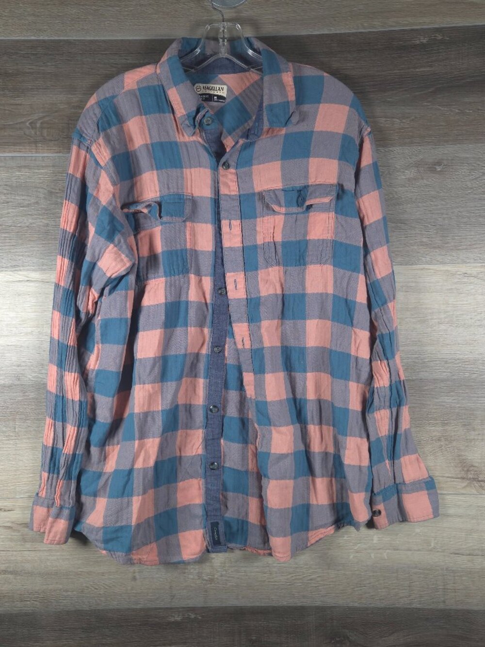 Magellan Outdoors Pink Blue Plaid Button Front Long Sleeve Fishing Shirt Women's